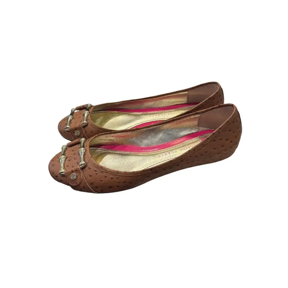 Elaine Turner Liz Ostrich Leather Bamboo Buckle Ballet Flats Brown Sz 7